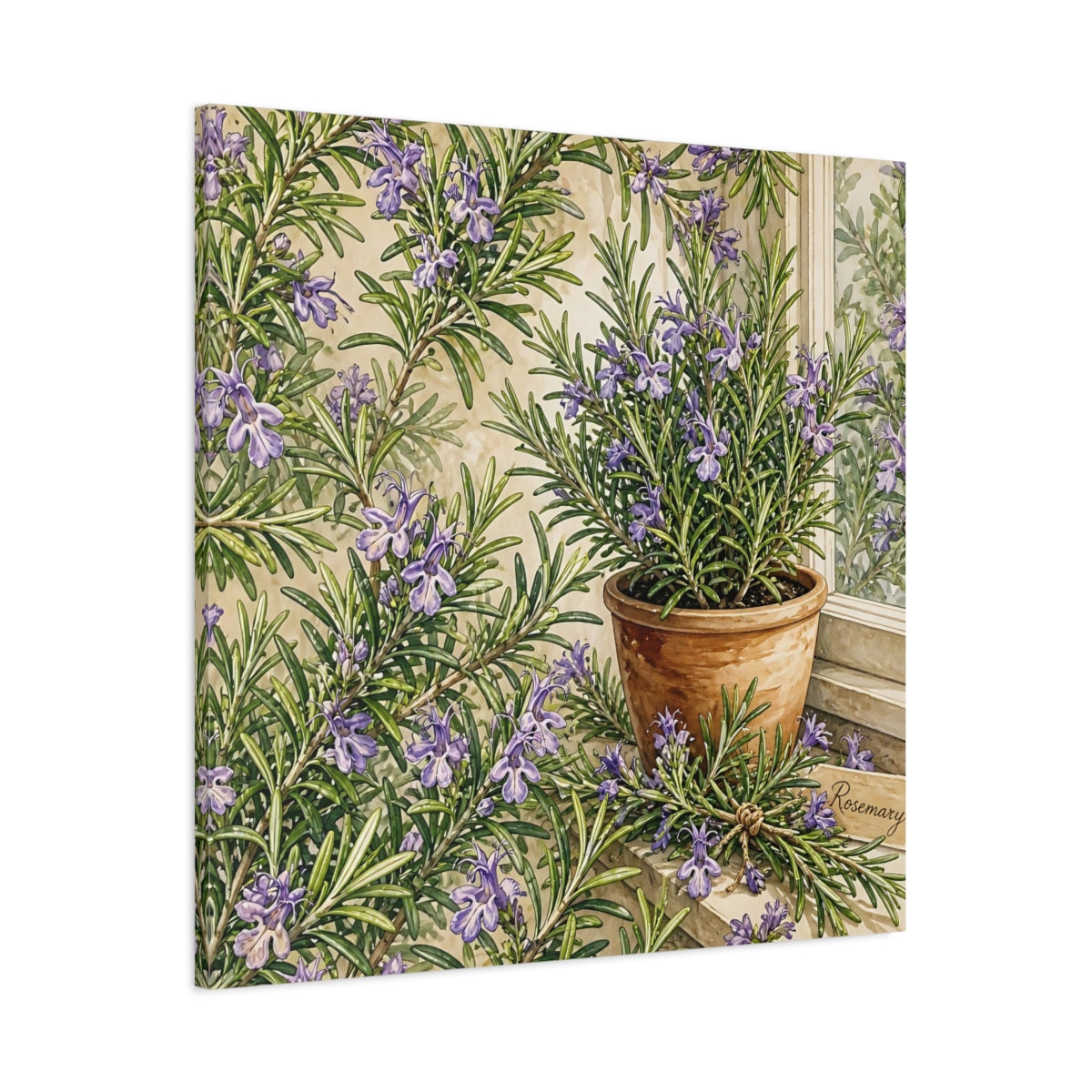 Main Mockup. Nature Rosemary Purple And Green shown as stretched canvas wall art