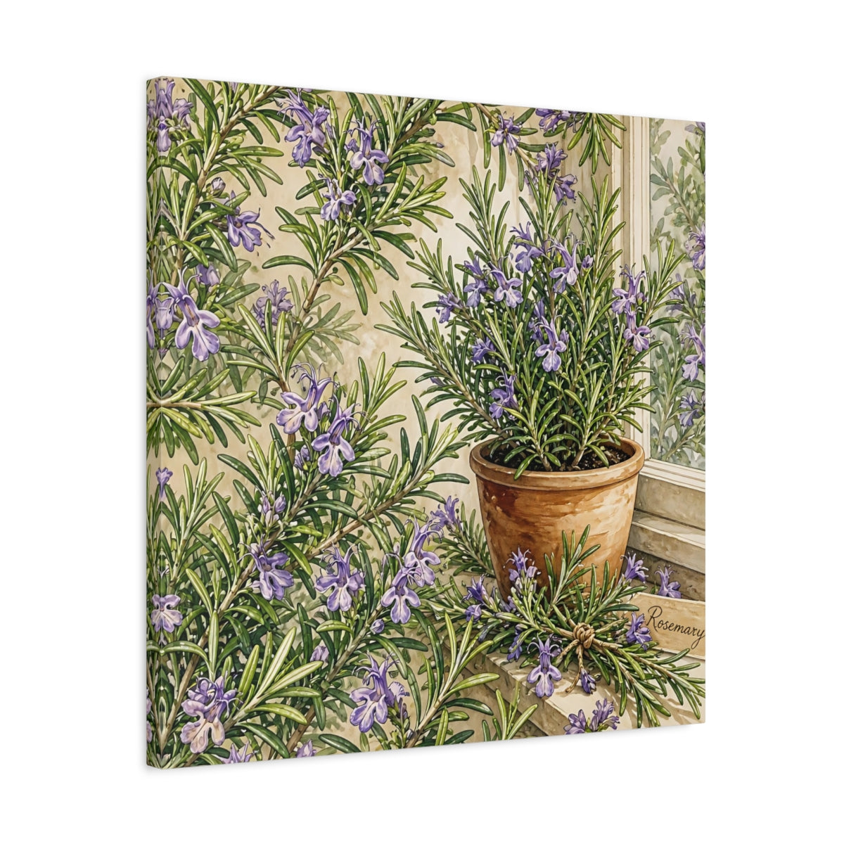 Side Mockup 4. Nature Rosemary Purple And Green shown as stretched canvas wall art
