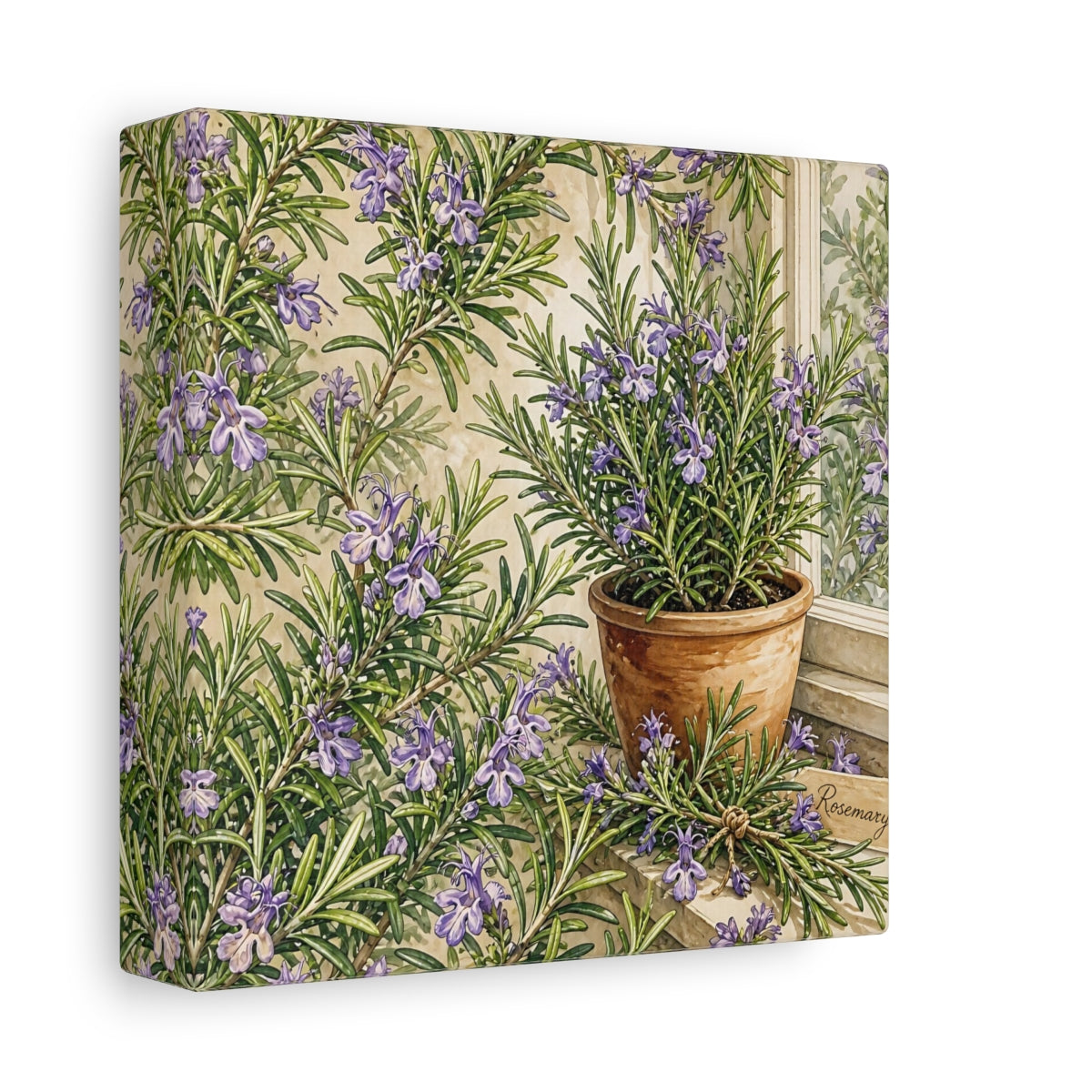 Side Mockup 2. Nature Rosemary Purple And Green shown as stretched canvas wall art