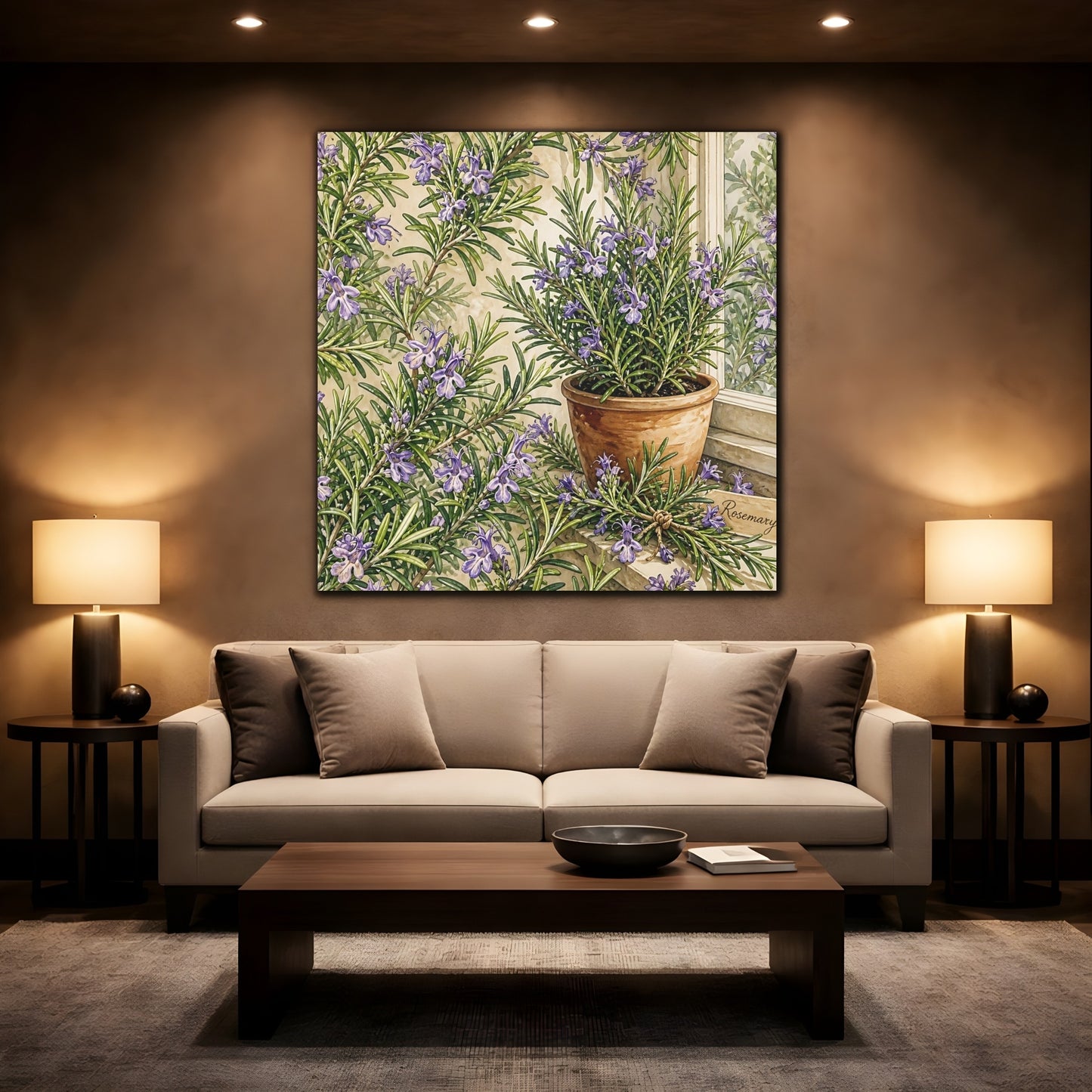 Mockup 2. Nature Rosemary Purple And Green shown as stretched canvas wall art