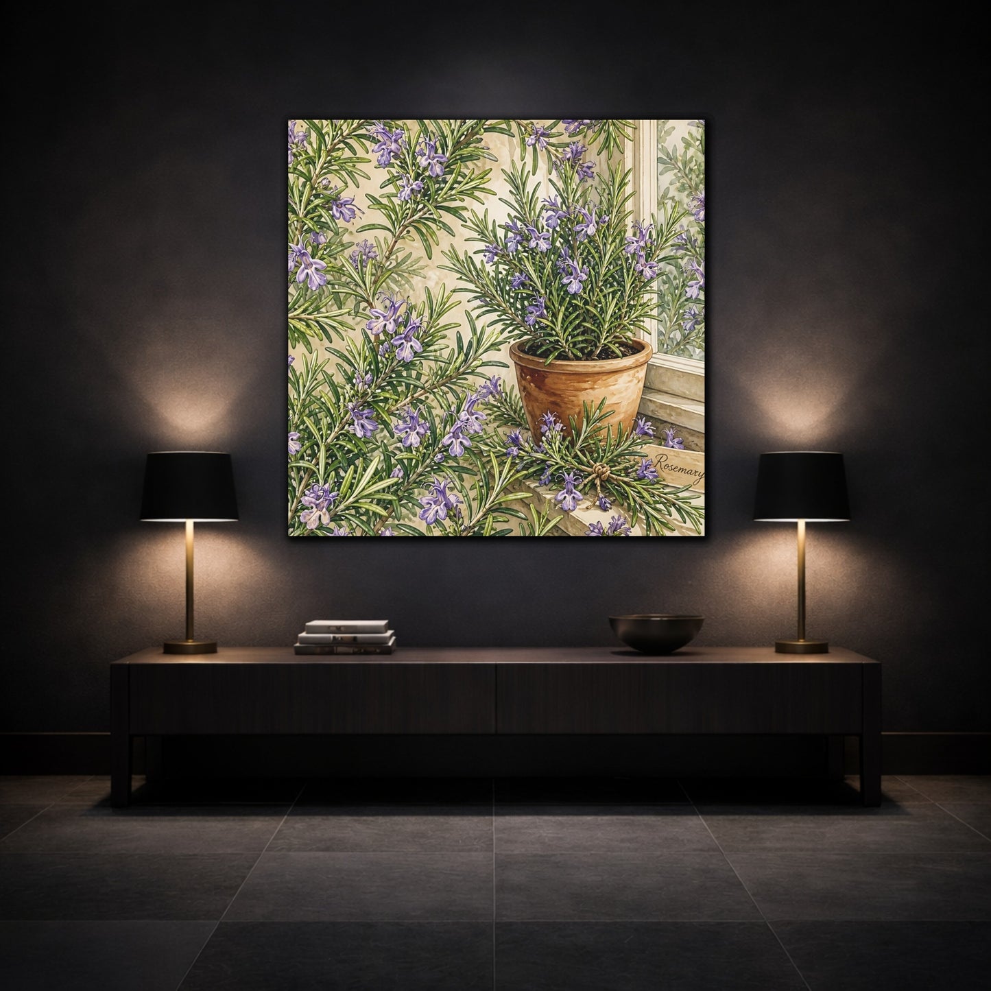 Mockup 3. Nature Rosemary Purple And Green shown as stretched canvas wall art