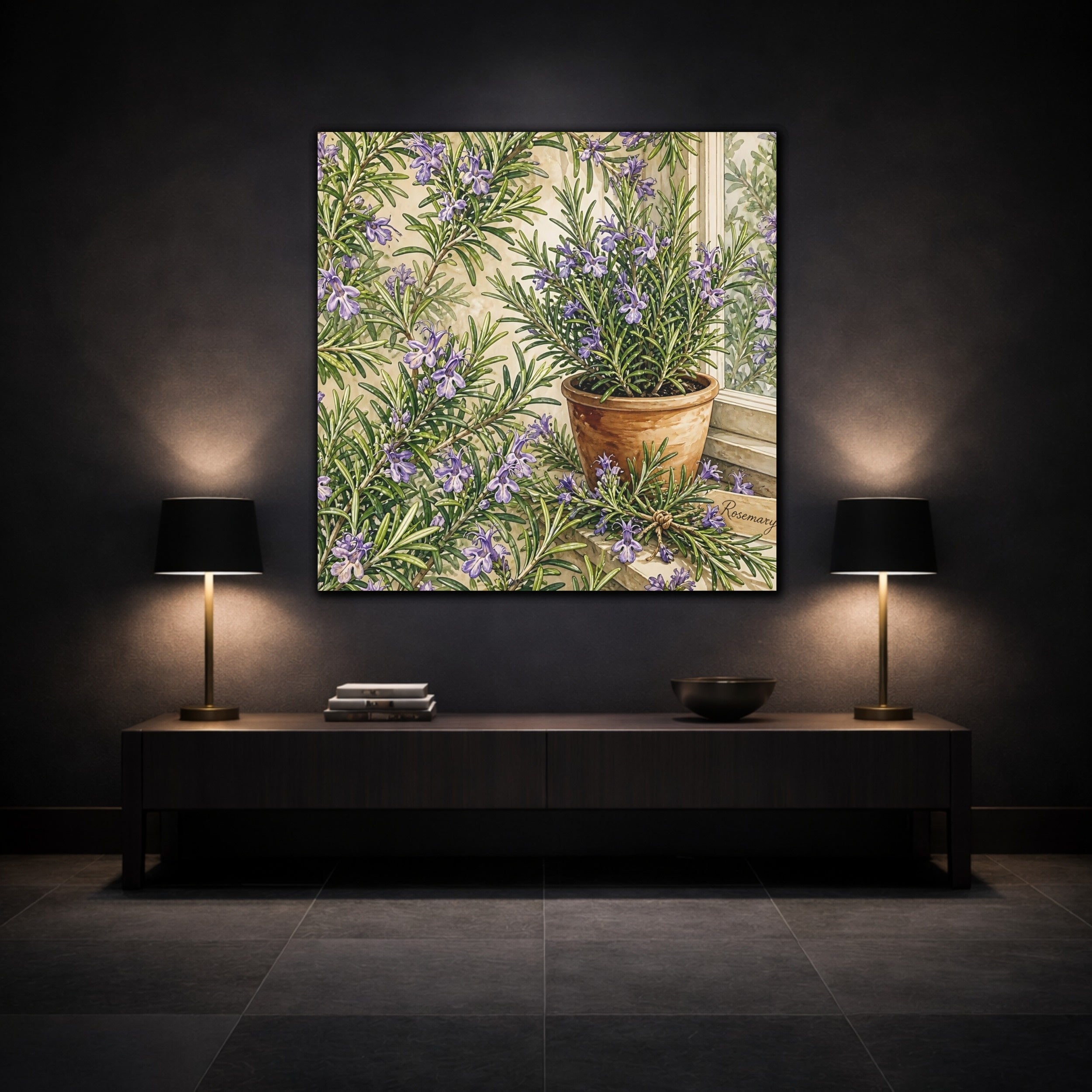 Mockup 3. Nature Rosemary Purple And Green shown as stretched canvas wall art