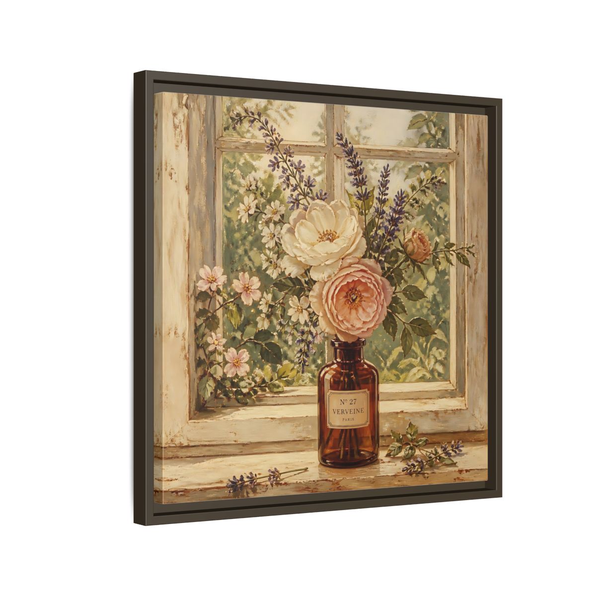 Side Mockup 11. Nature Roses Lavender Floral Window Still Life shown as stretched canvas wall art