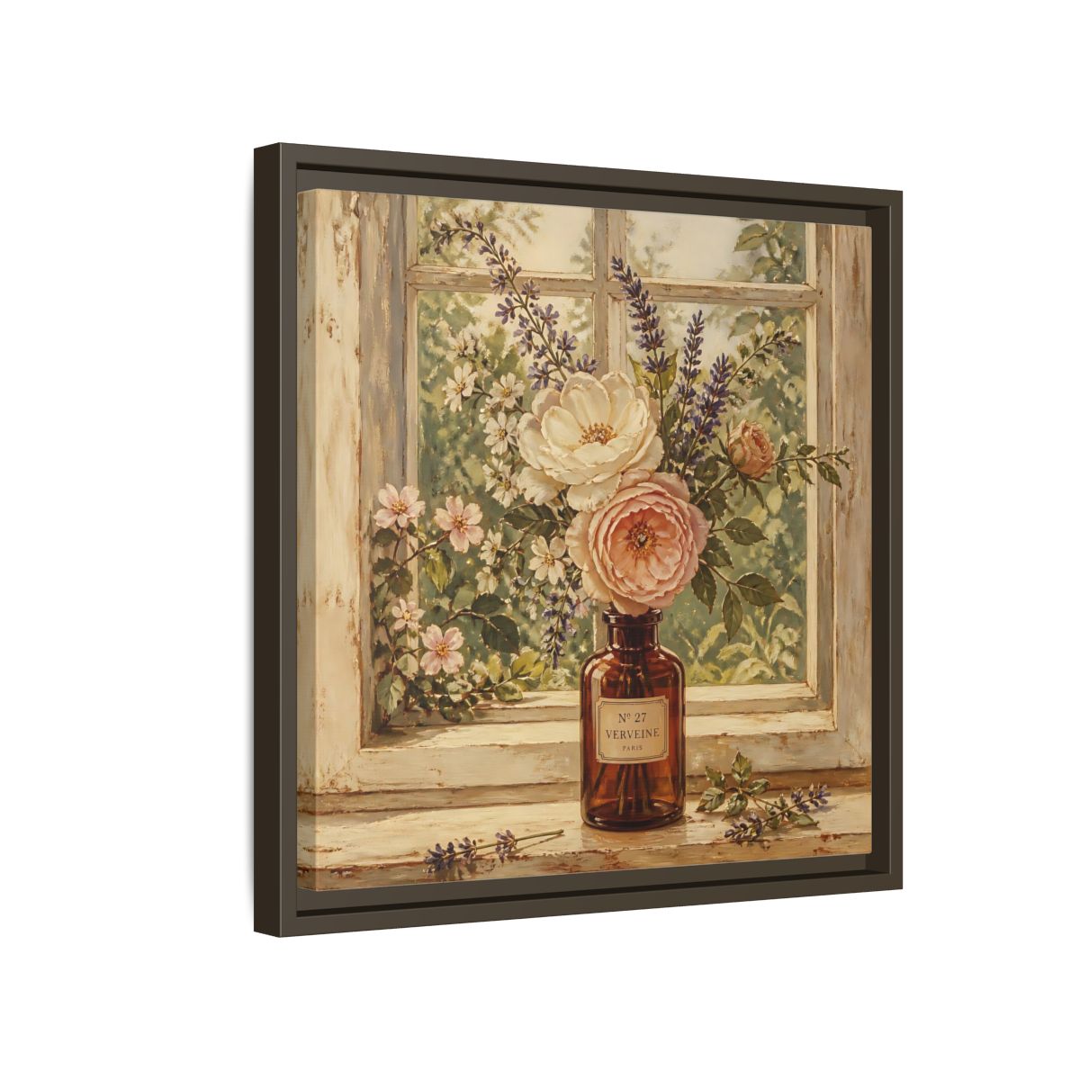 Side Mockup 14. Nature Roses Lavender Floral Window Still Life shown as stretched canvas wall art