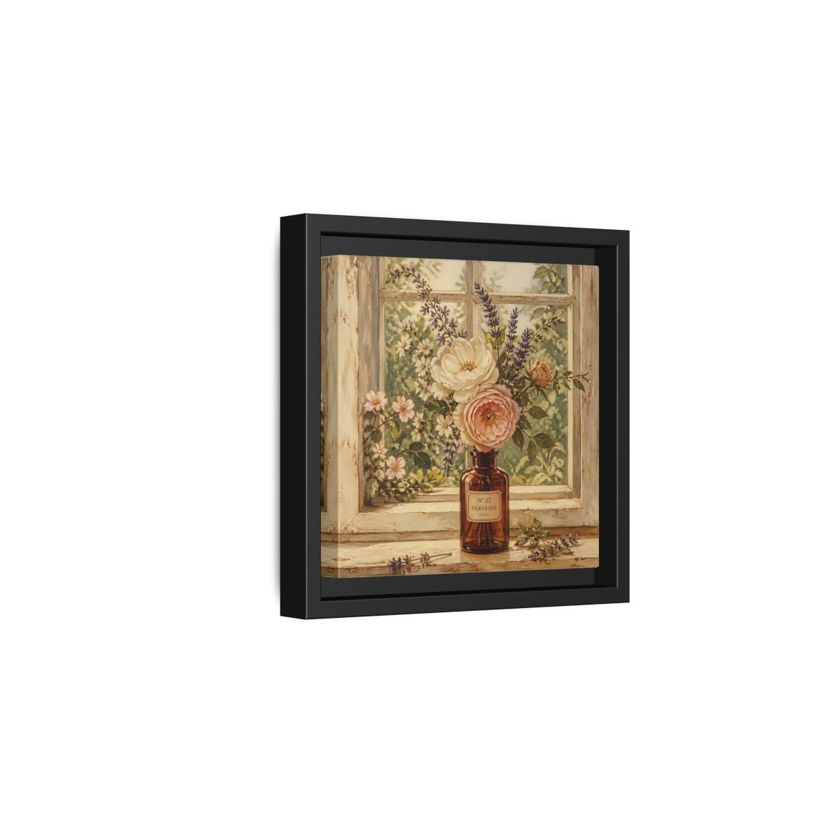Side Mockup 3. Nature Roses Lavender Floral Window Still Life shown as stretched canvas wall art