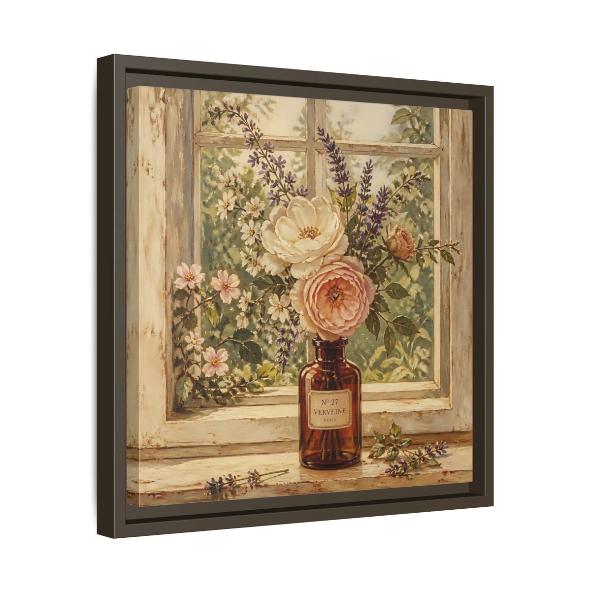 Side Mockup 29. Nature Roses Lavender Floral Window Still Life shown as stretched canvas wall art