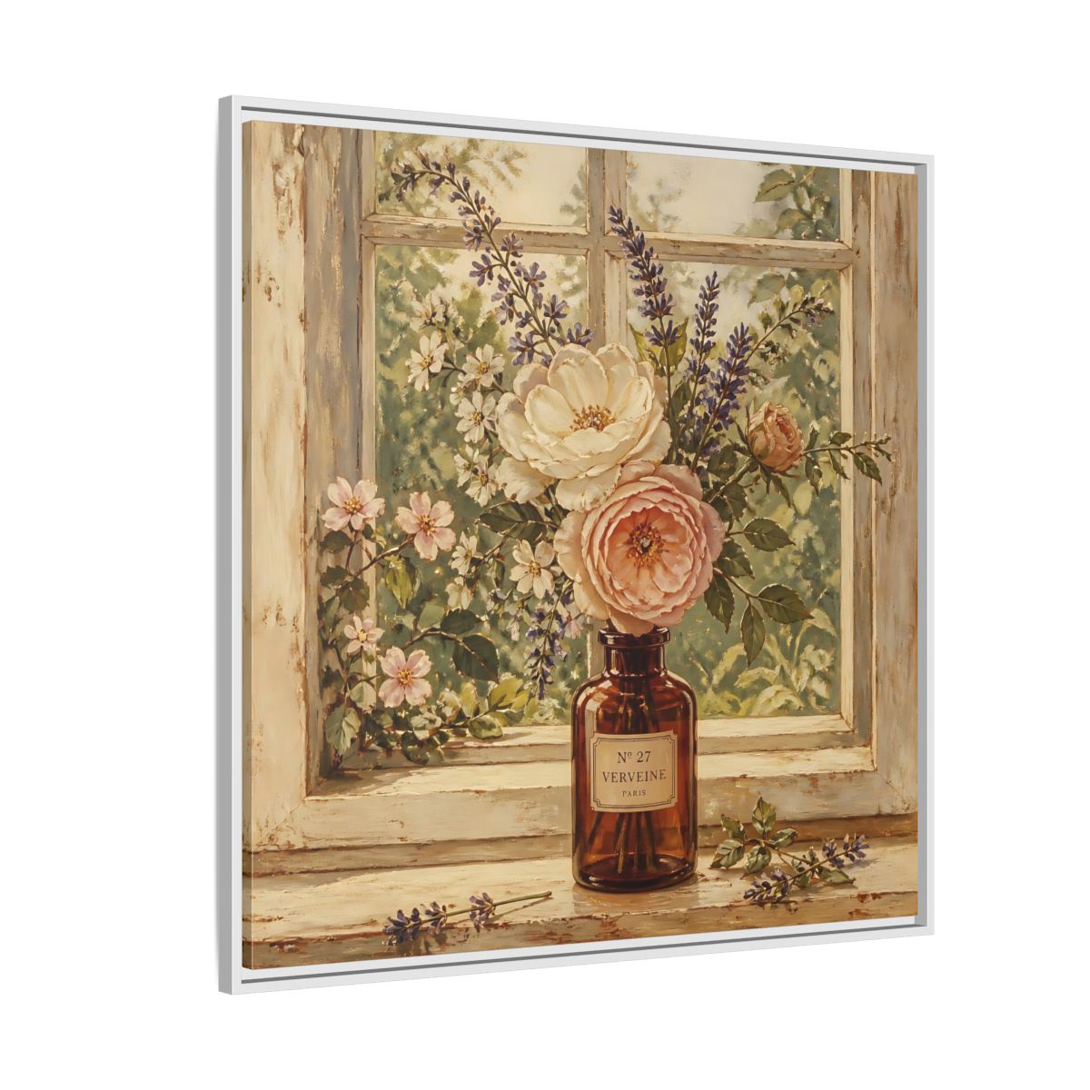 Side Mockup 4. Nature Roses Lavender Floral Window Still Life shown as stretched canvas wall art