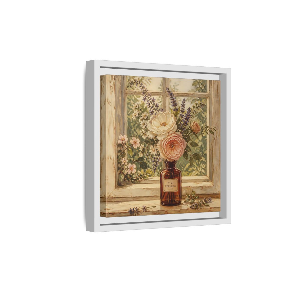 Side Mockup 19. Nature Roses Lavender Floral Window Still Life shown as stretched canvas wall art