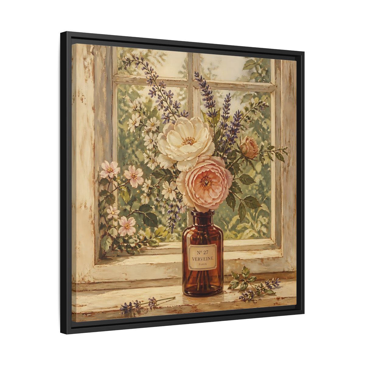 Side Mockup 31. Nature Roses Lavender Floral Window Still Life shown as stretched canvas wall art