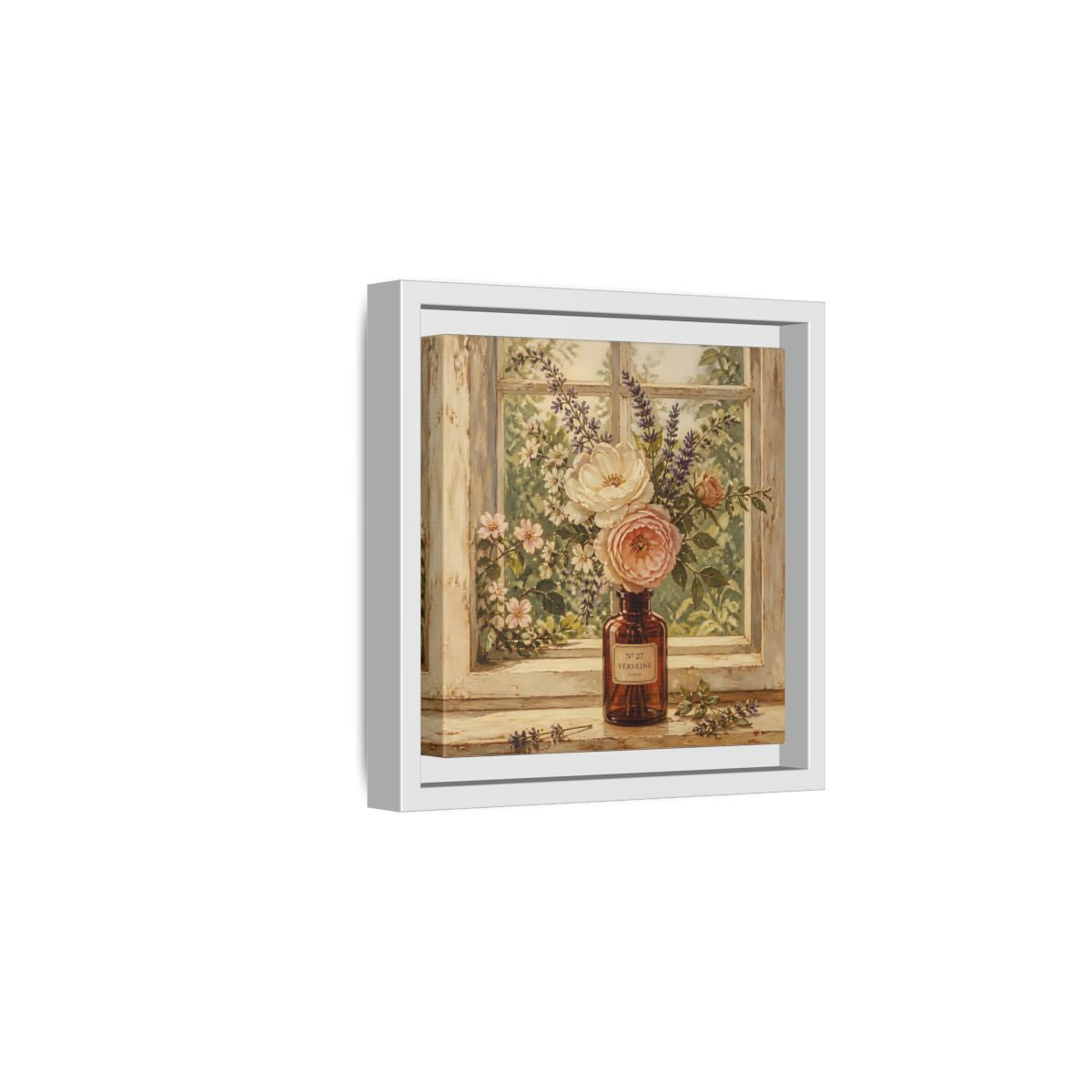 Side Mockup 1. Nature Roses Lavender Floral Window Still Life shown as stretched canvas wall art