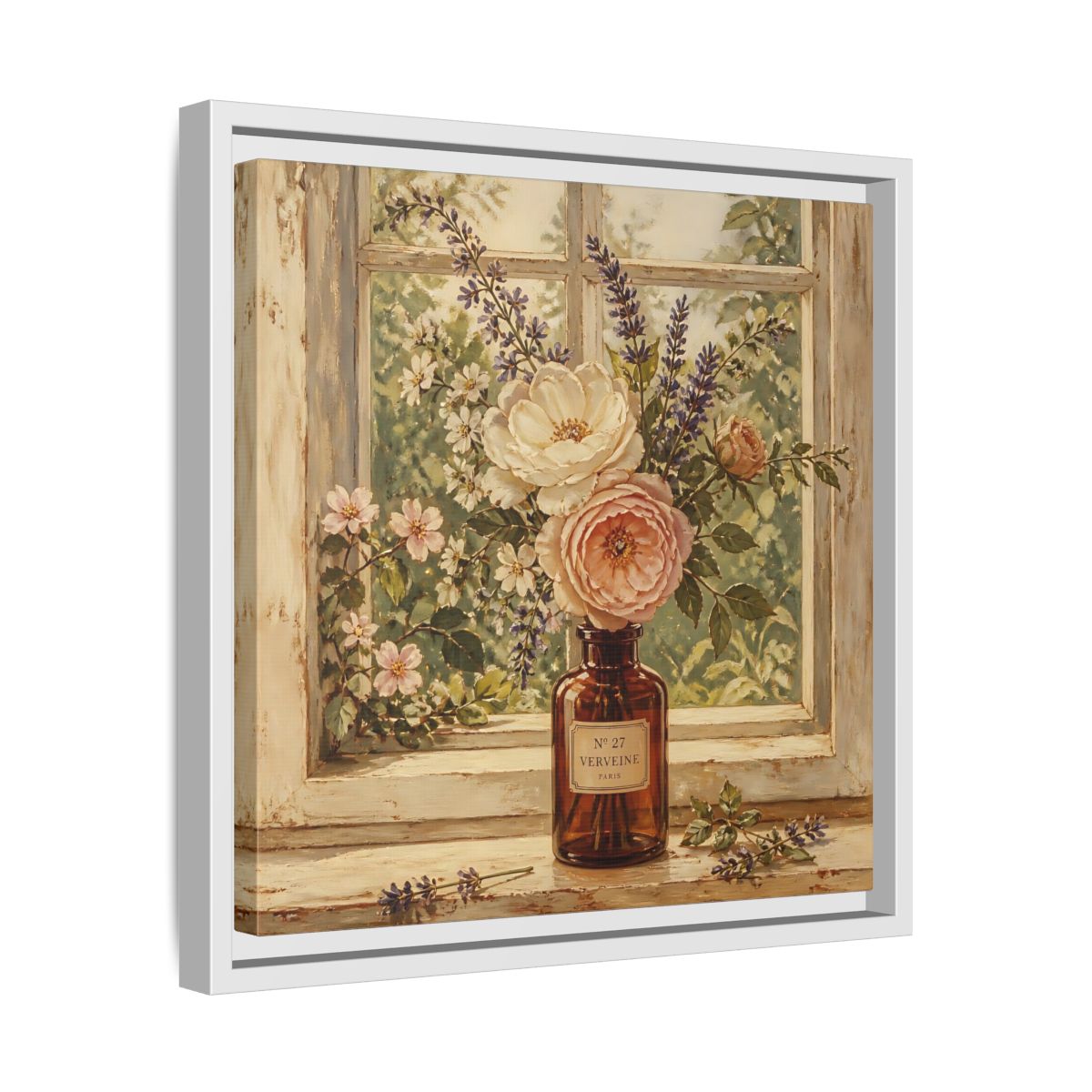 Side Mockup 28. Nature Roses Lavender Floral Window Still Life shown as stretched canvas wall art