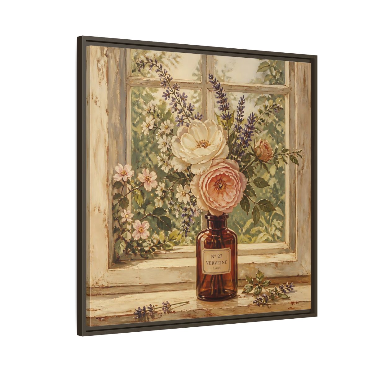 Side Mockup 8. Nature Roses Lavender Floral Window Still Life shown as stretched canvas wall art