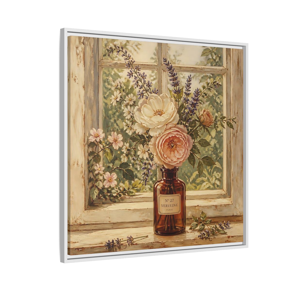 Side Mockup 7. Nature Roses Lavender Floral Window Still Life shown as stretched canvas wall art