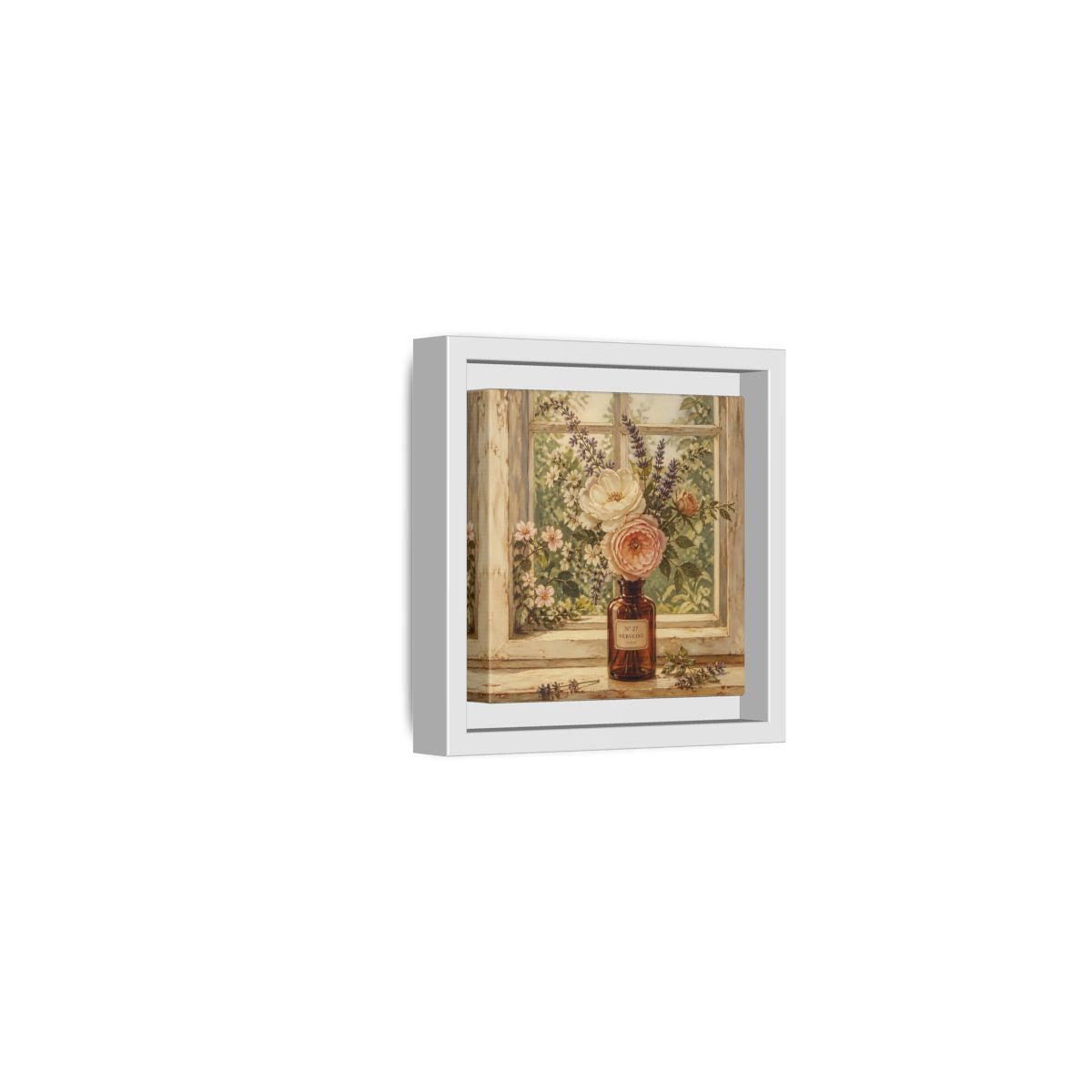 Side Mockup 22. Nature Roses Lavender Floral Window Still Life shown as stretched canvas wall art