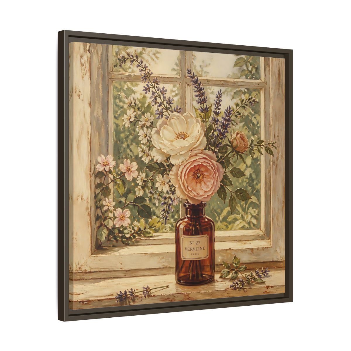 Side Mockup 27. Nature Roses Lavender Floral Window Still Life shown as stretched canvas wall art