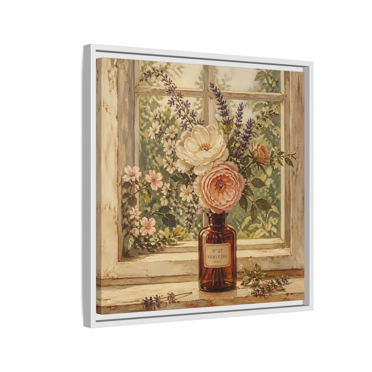 Side Mockup 10. Nature Roses Lavender Floral Window Still Life shown as stretched canvas wall art
