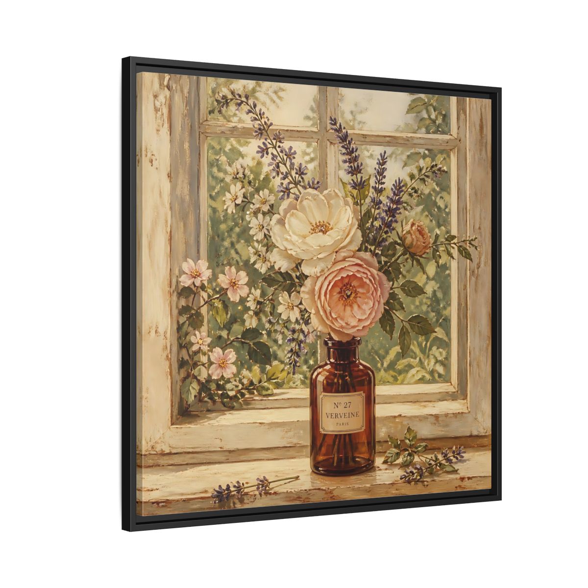Side Mockup 9. Nature Roses Lavender Floral Window Still Life shown as stretched canvas wall art