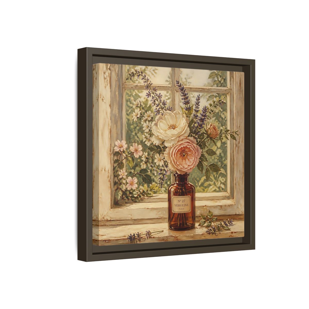 Side Mockup 17. Nature Roses Lavender Floral Window Still Life shown as stretched canvas wall art
