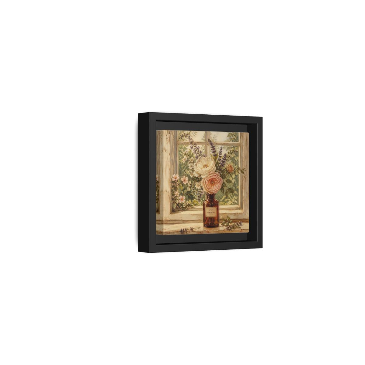 Side Mockup 24. Nature Roses Lavender Floral Window Still Life shown as stretched canvas wall art