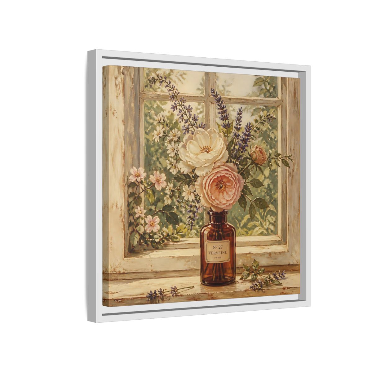 Side Mockup 13. Nature Roses Lavender Floral Window Still Life shown as stretched canvas wall art