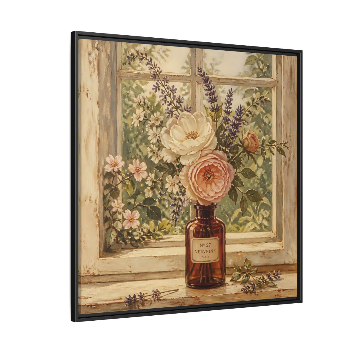 Side Mockup 6. Nature Roses Lavender Floral Window Still Life shown as stretched canvas wall art
