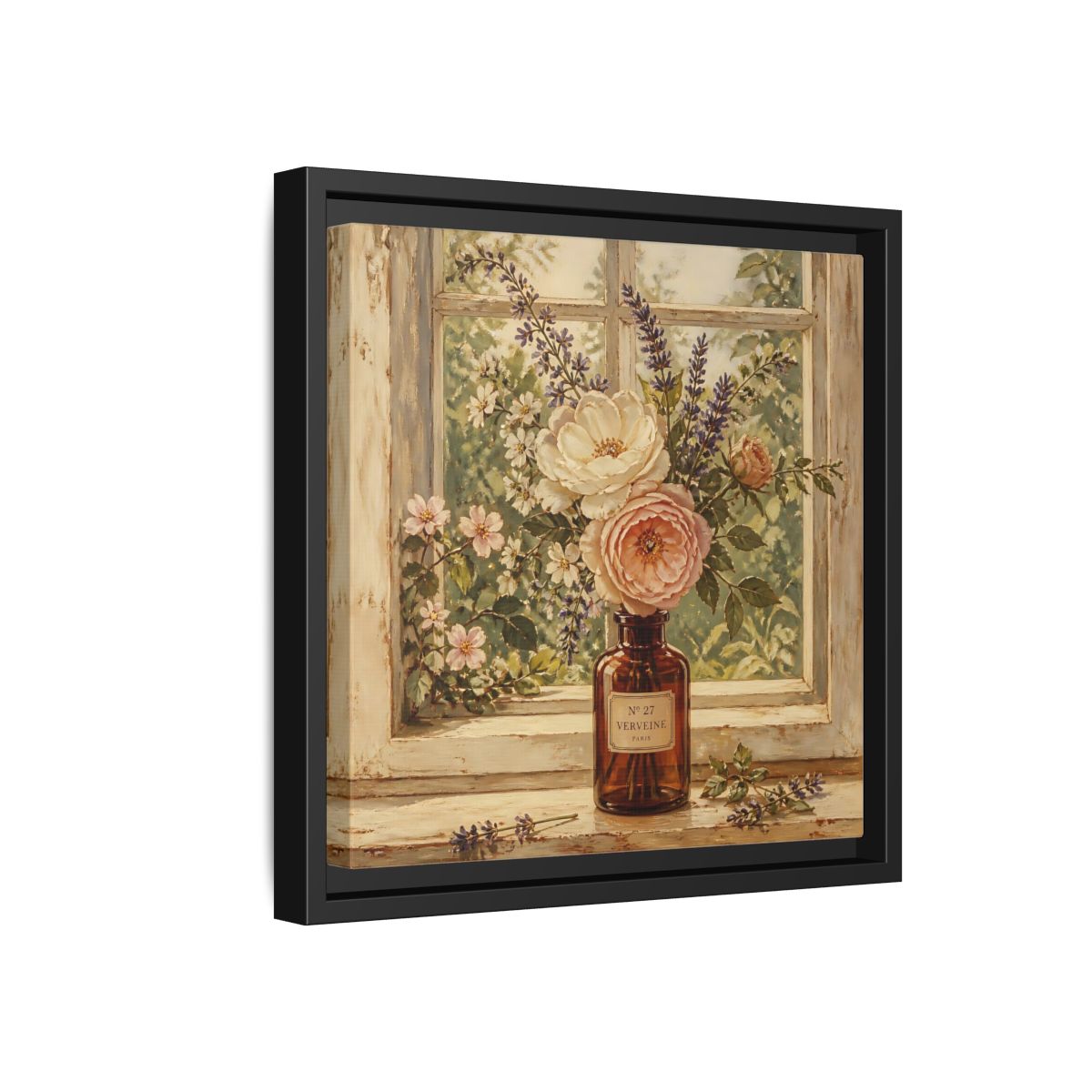 Side Mockup 18. Nature Roses Lavender Floral Window Still Life shown as stretched canvas wall art