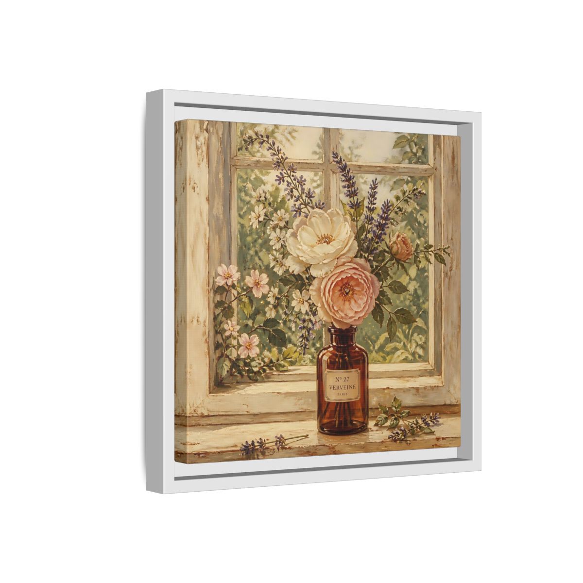 Side Mockup 16. Nature Roses Lavender Floral Window Still Life shown as stretched canvas wall art
