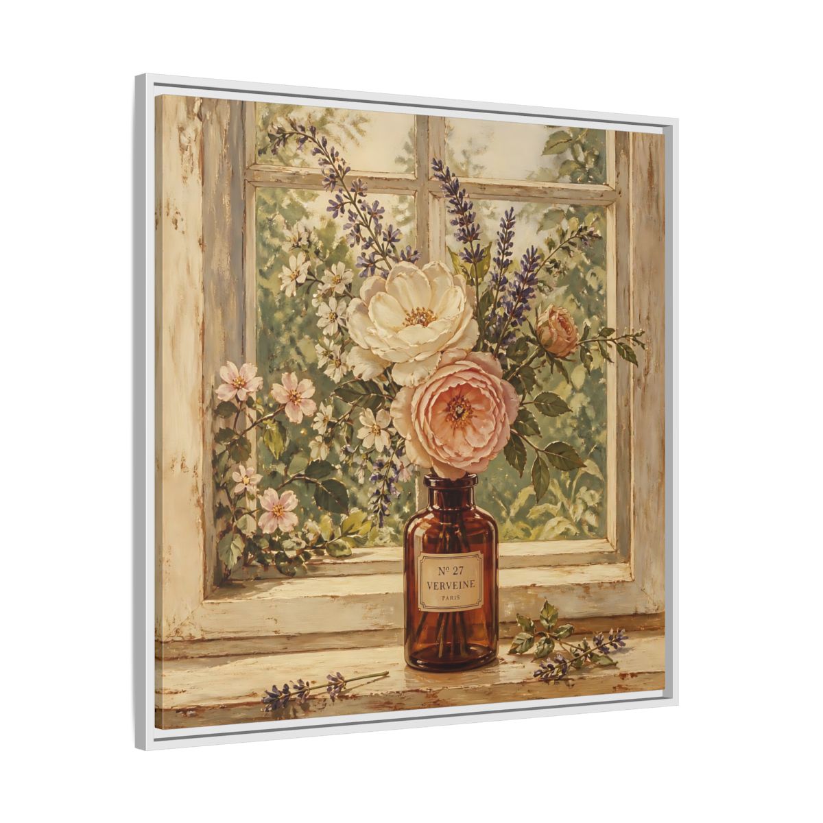 Side Mockup 25. Nature Roses Lavender Floral Window Still Life shown as stretched canvas wall art
