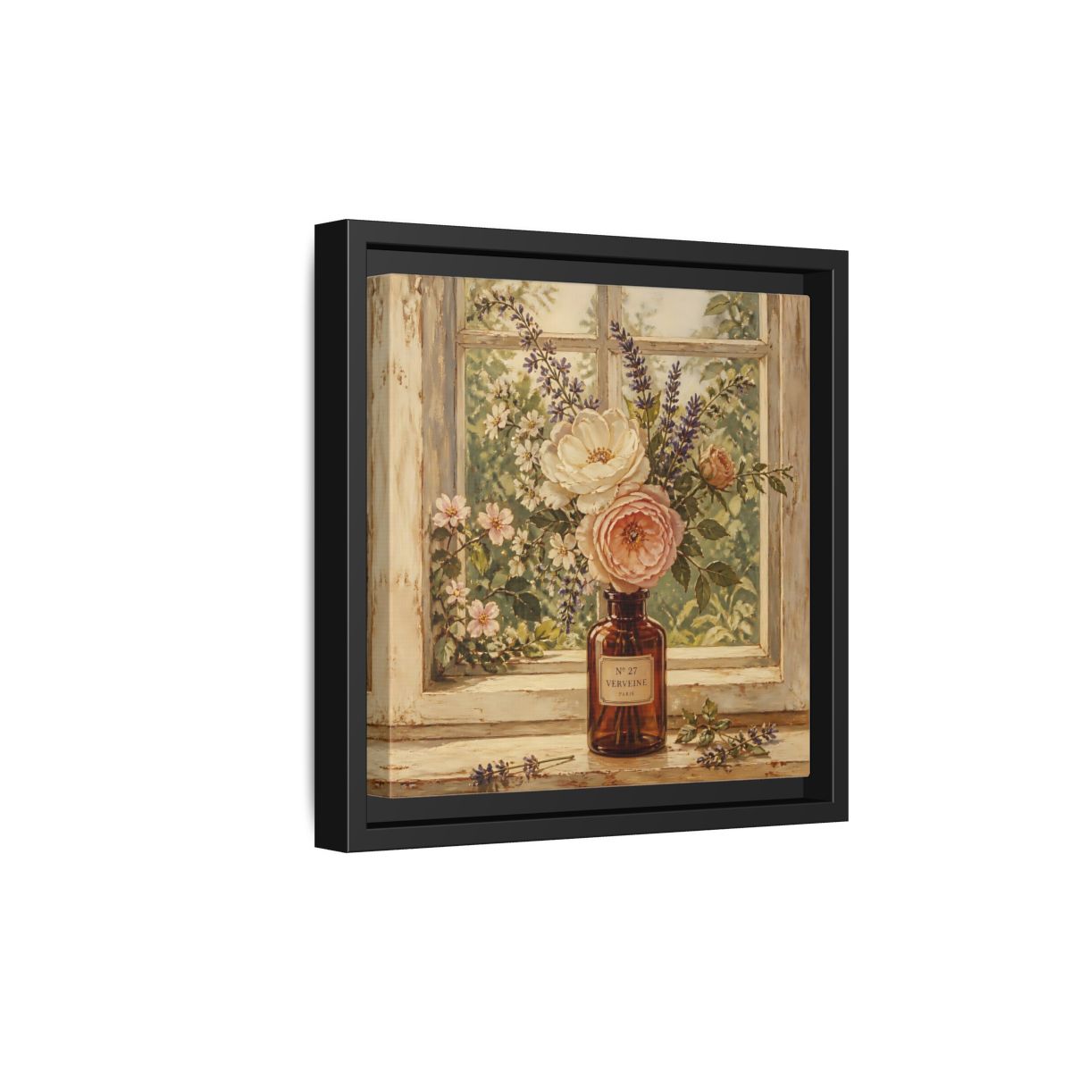 Side Mockup 21. Nature Roses Lavender Floral Window Still Life shown as stretched canvas wall art