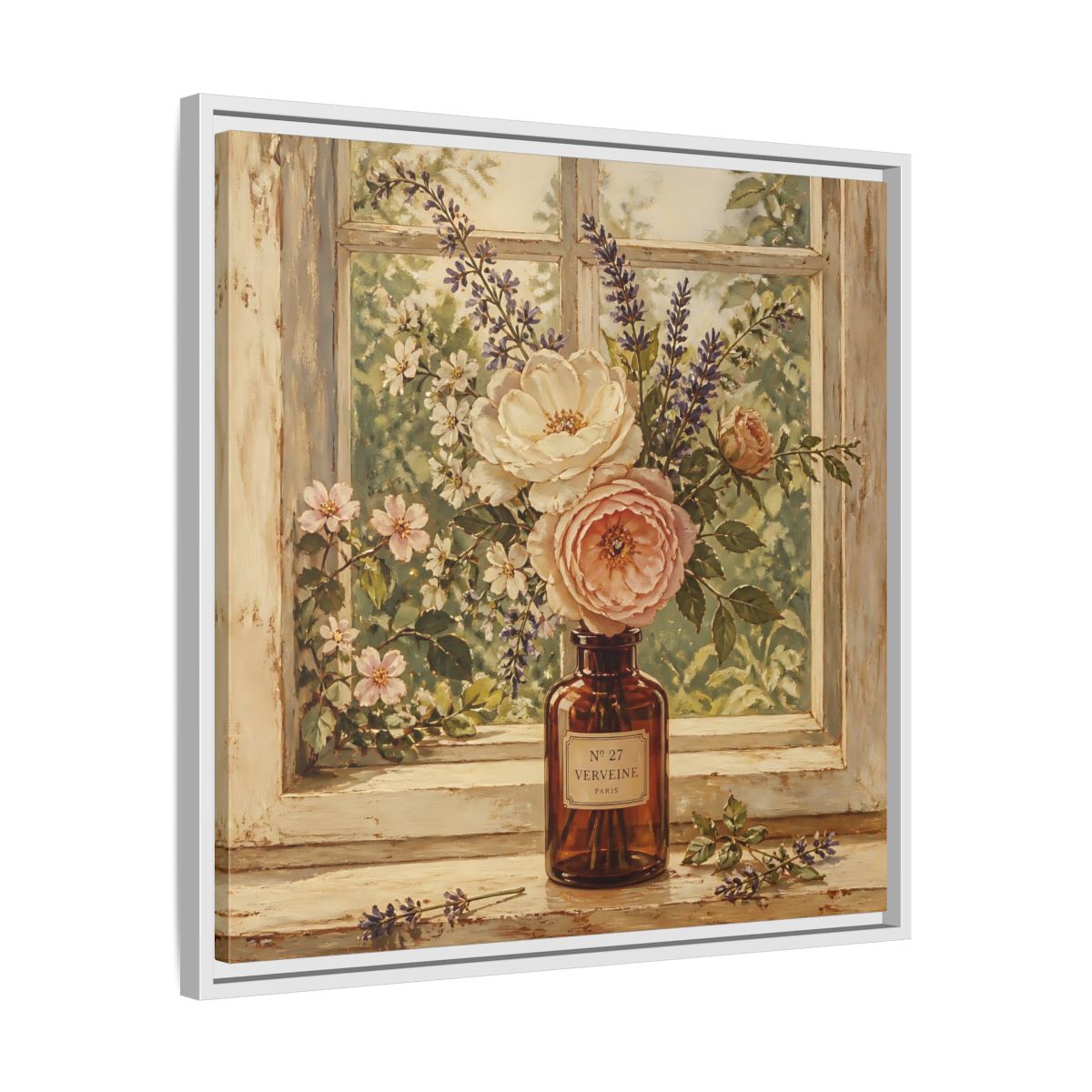 Side Mockup 26. Nature Roses Lavender Floral Window Still Life shown as stretched canvas wall art