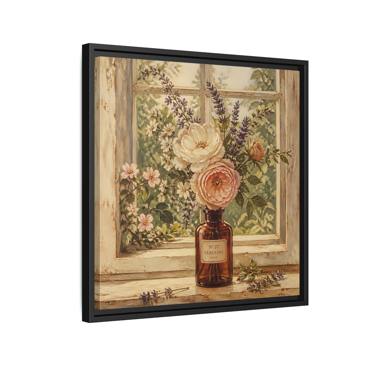 Side Mockup 12. Nature Roses Lavender Floral Window Still Life shown as stretched canvas wall art