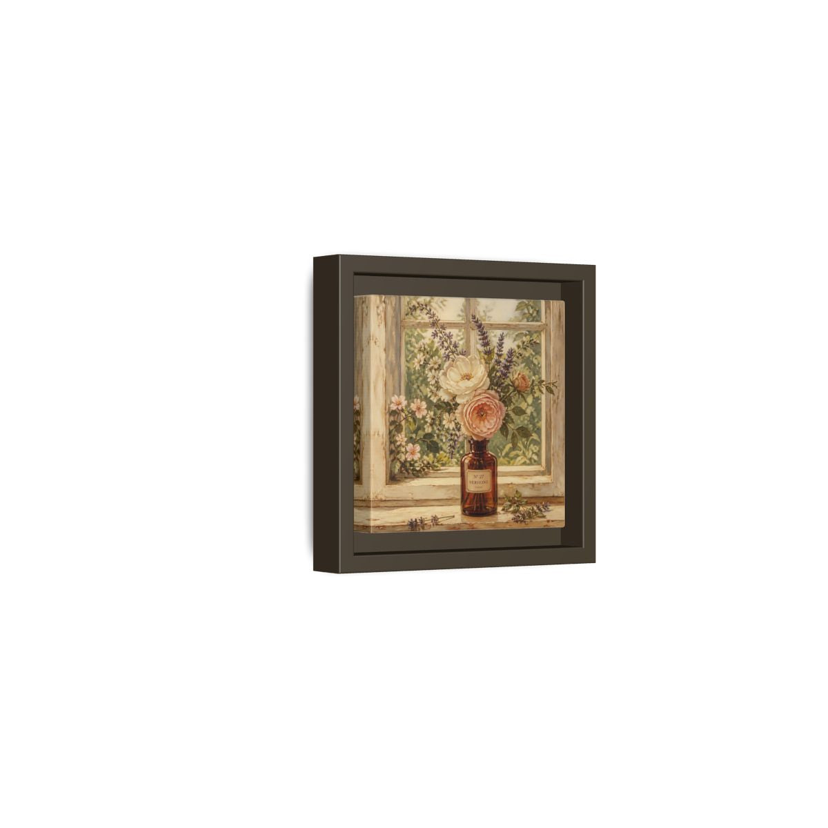 Side Mockup 23. Nature Roses Lavender Floral Window Still Life shown as stretched canvas wall art