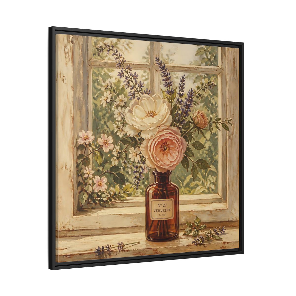 Side Mockup 30. Nature Roses Lavender Floral Window Still Life shown as stretched canvas wall art