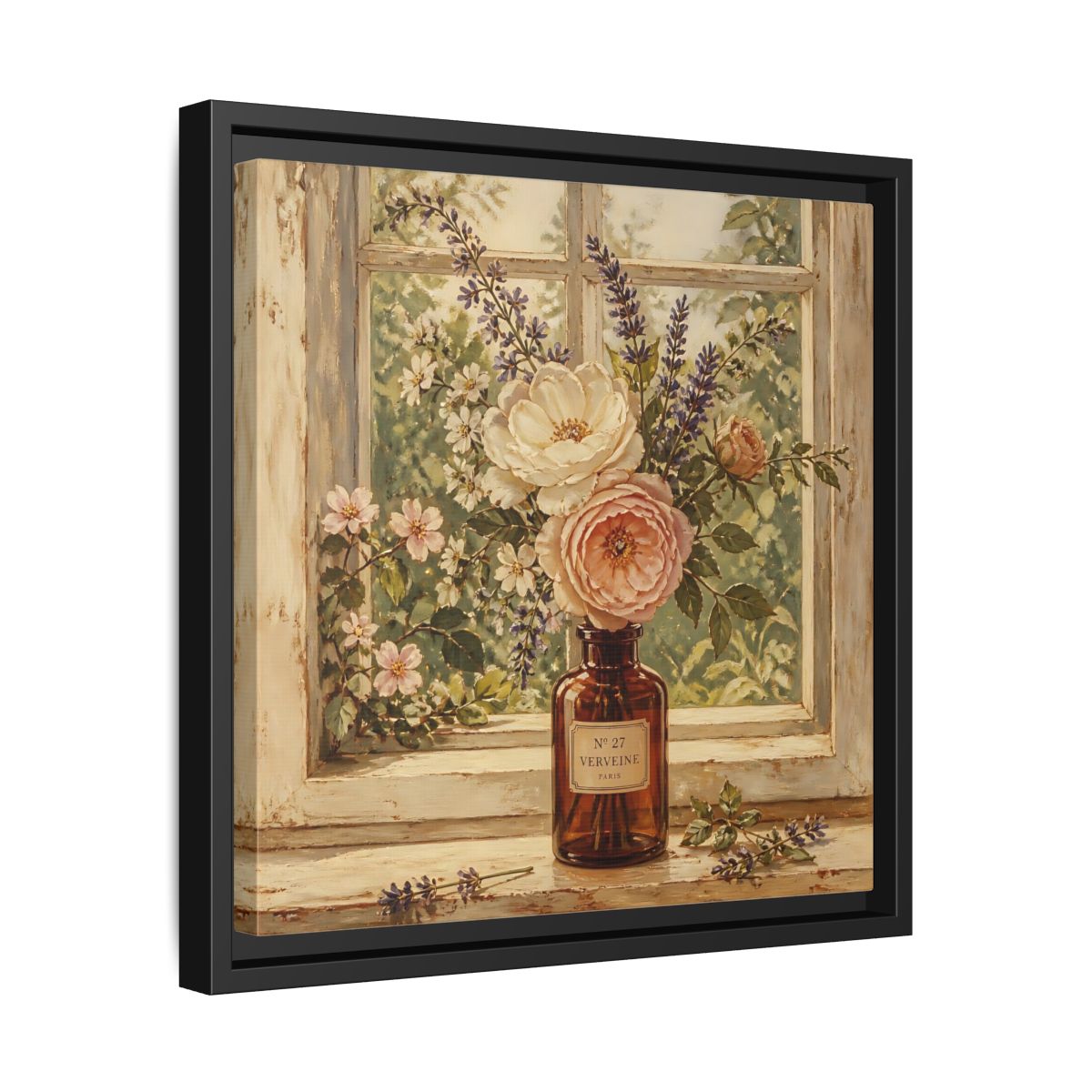Side Mockup 32. Nature Roses Lavender Floral Window Still Life shown as stretched canvas wall art