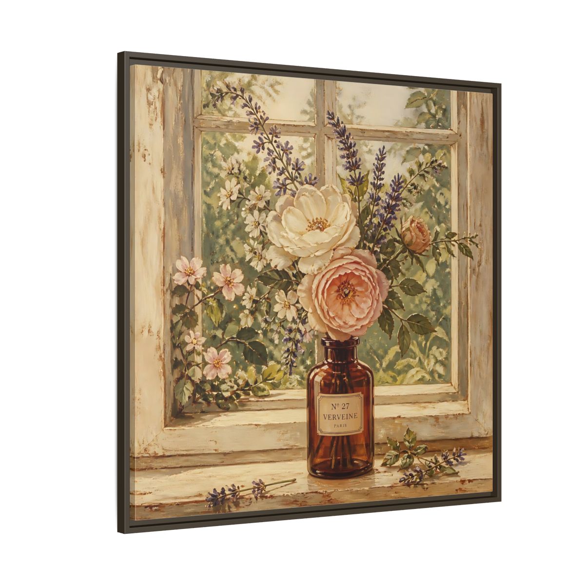 Side Mockup 5. Nature Roses Lavender Floral Window Still Life shown as stretched canvas wall art