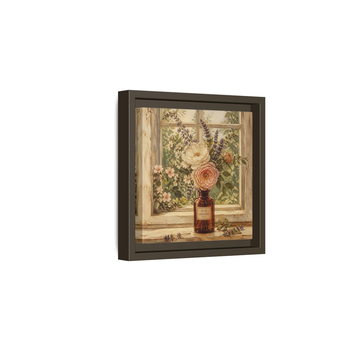Side Mockup 2. Nature Roses Lavender Floral Window Still Life shown as stretched canvas wall art