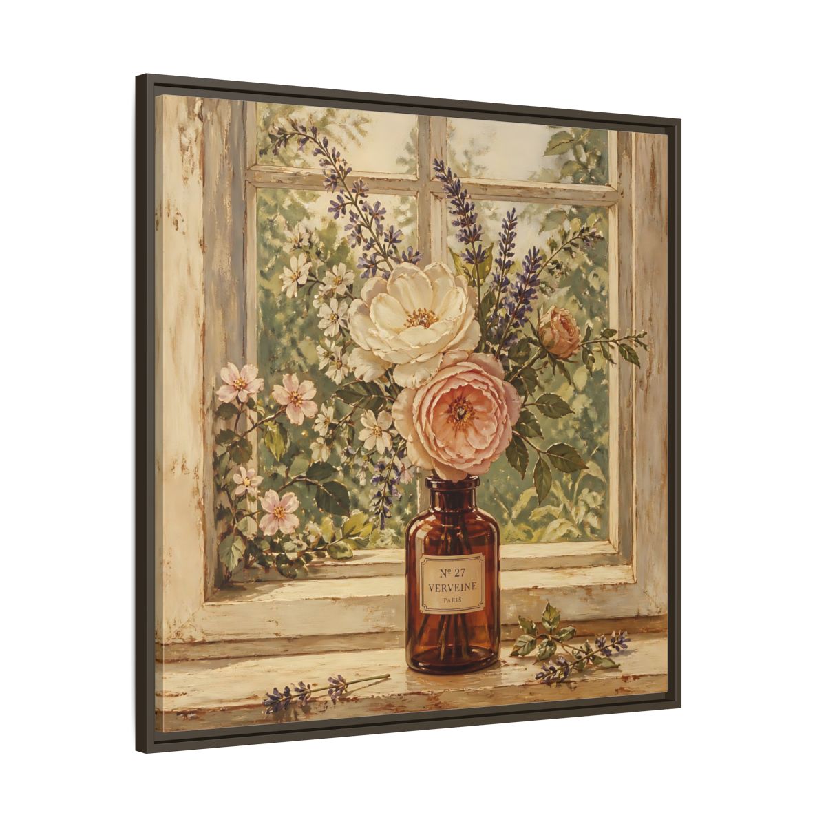 Main Mockup. Nature Roses Lavender Floral Window Still Life shown as stretched canvas wall art