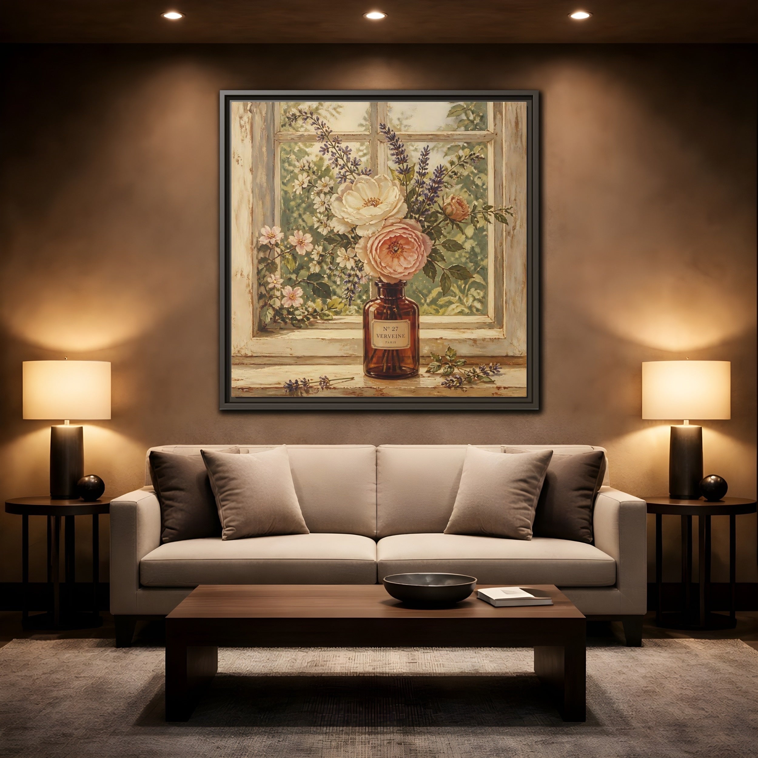 Mockup 2. Nature Roses Lavender Floral Window Still Life shown as stretched canvas wall art