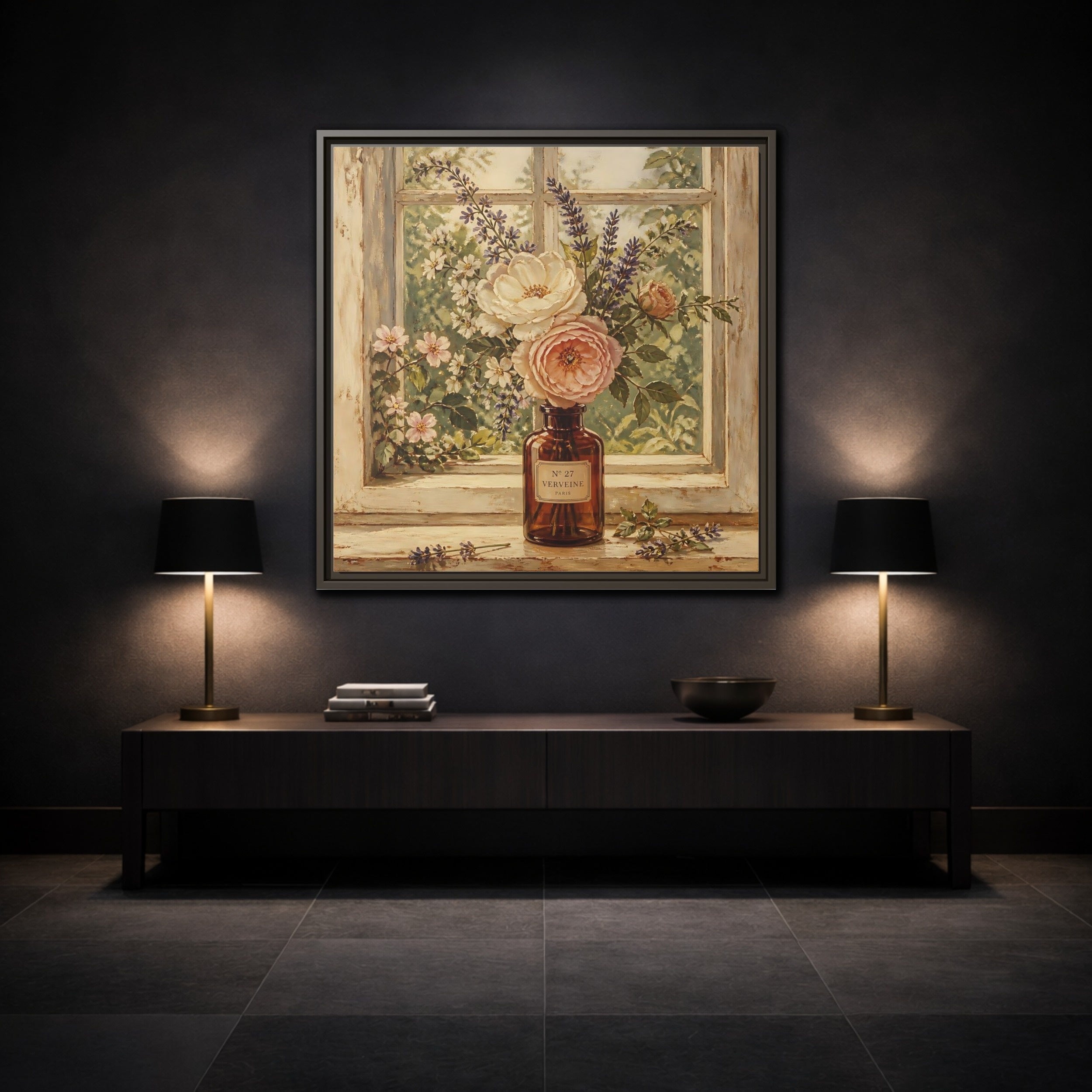 Mockup 3. Nature Roses Lavender Floral Window Still Life shown as stretched canvas wall art