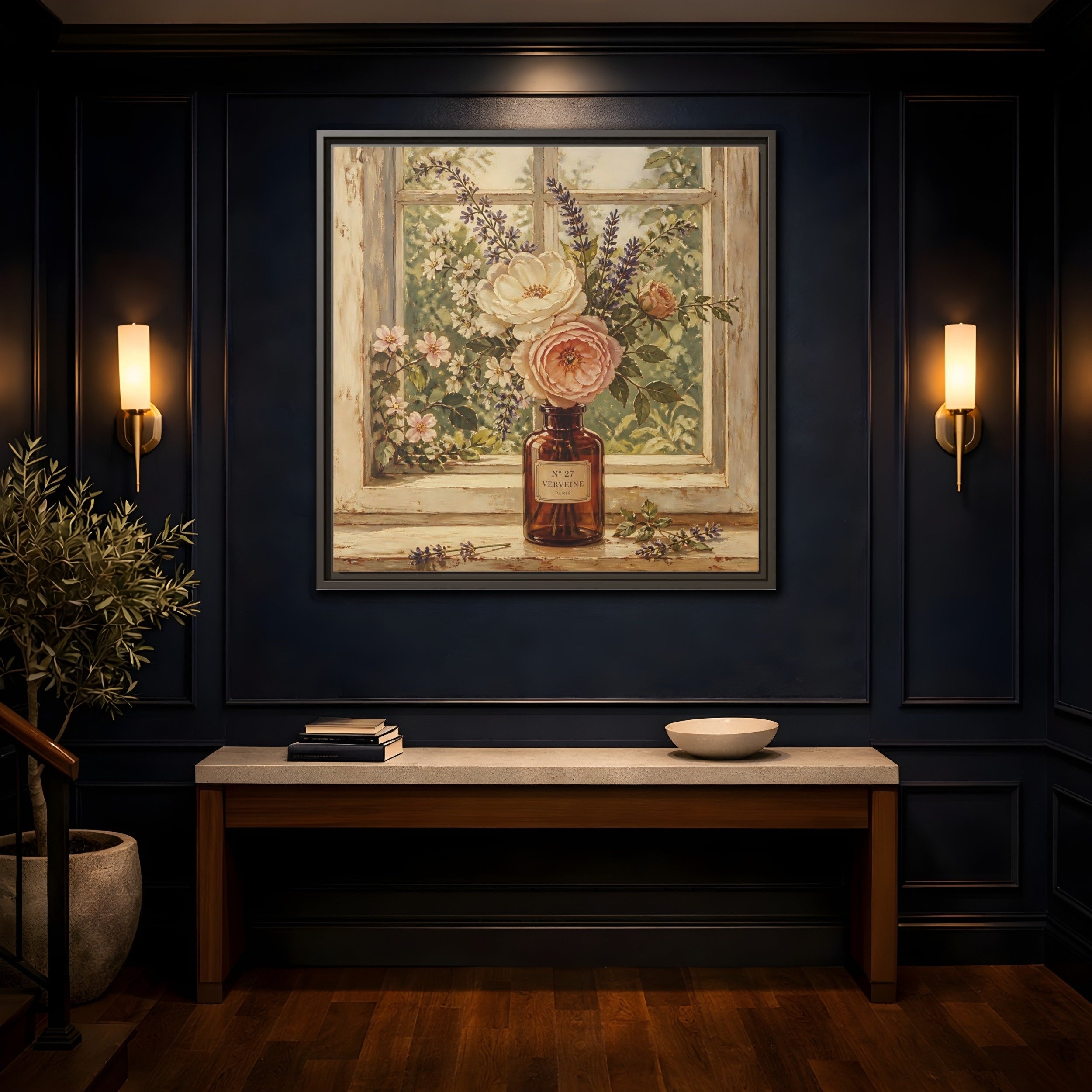 Mockup 4. Nature Roses Lavender Floral Window Still Life shown as stretched canvas wall art