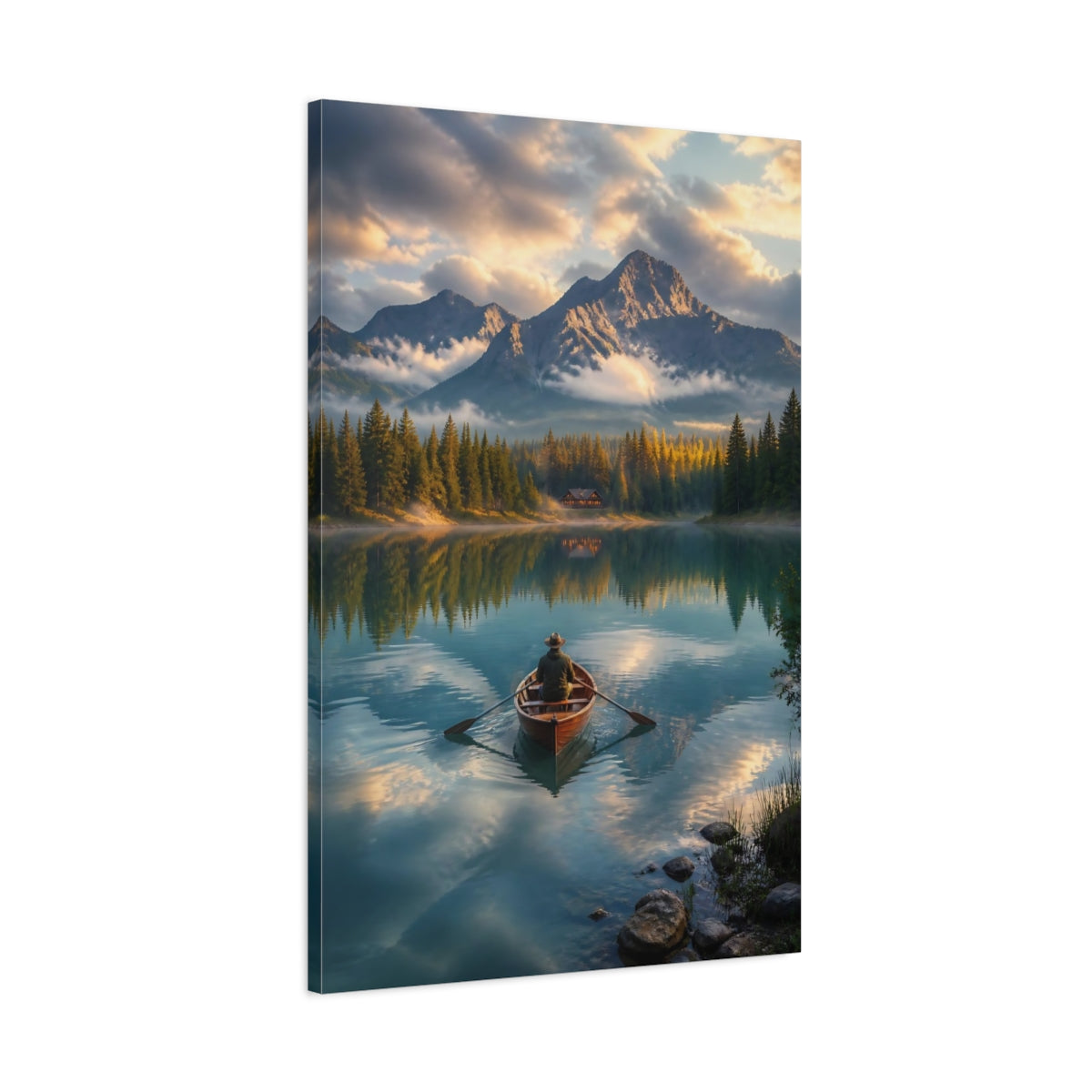 Main Mockup. Nature Rowboat Mountain Lake View shown as stretched canvas wall art