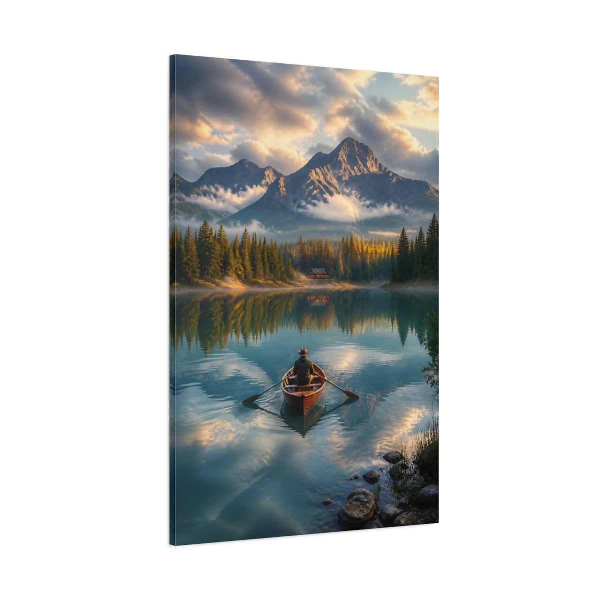 Side Mockup 1. Nature Rowboat Mountain Lake View shown as stretched canvas wall art