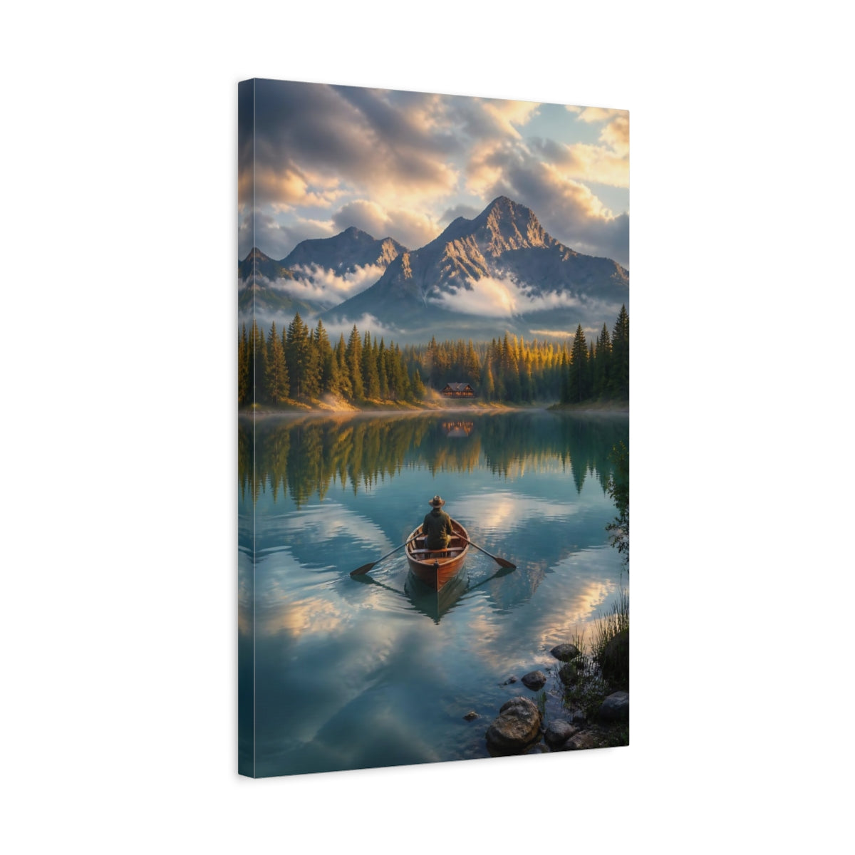 Side Mockup 3. Nature Rowboat Mountain Lake View shown as stretched canvas wall art