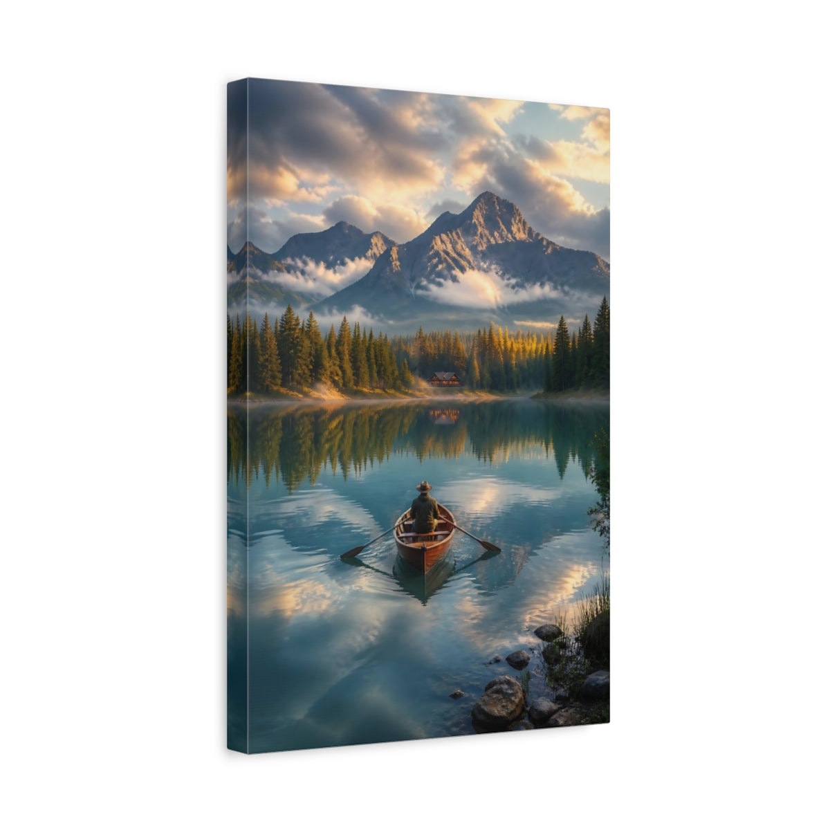 Side Mockup 4. Nature Rowboat Mountain Lake View shown as stretched canvas wall art