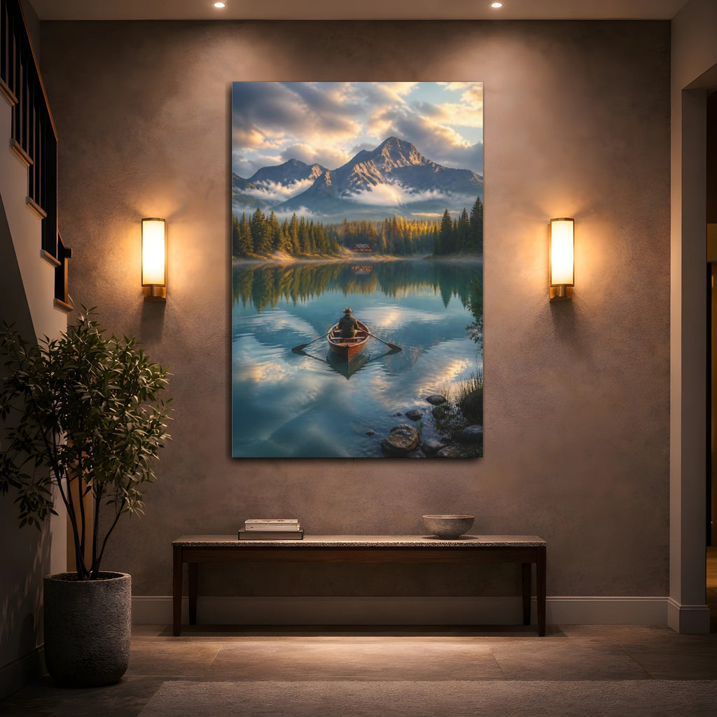 Mockup 2. Nature Rowboat Mountain Lake View shown as stretched canvas wall art