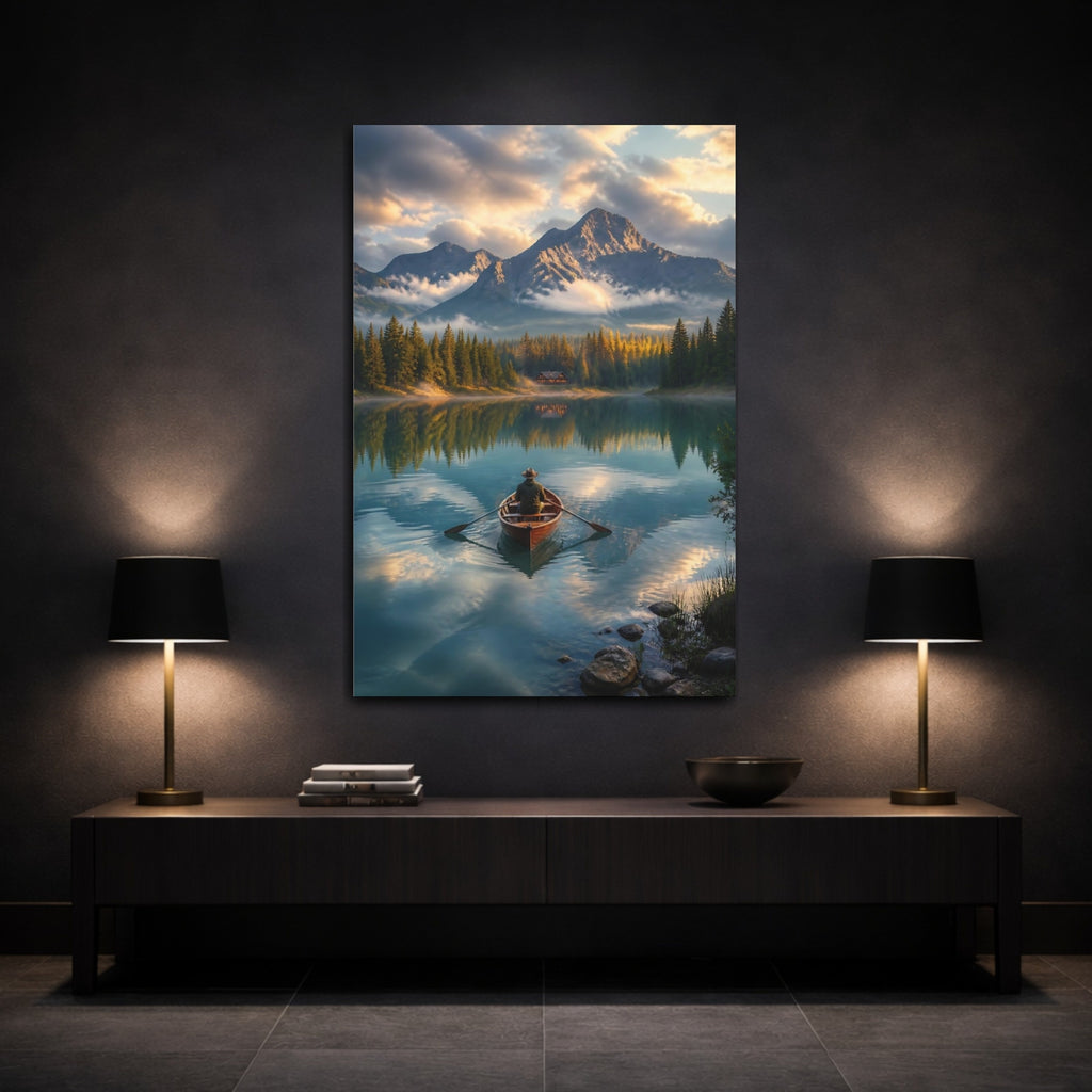 Mockup 3. Nature Rowboat Mountain Lake View shown as stretched canvas wall art