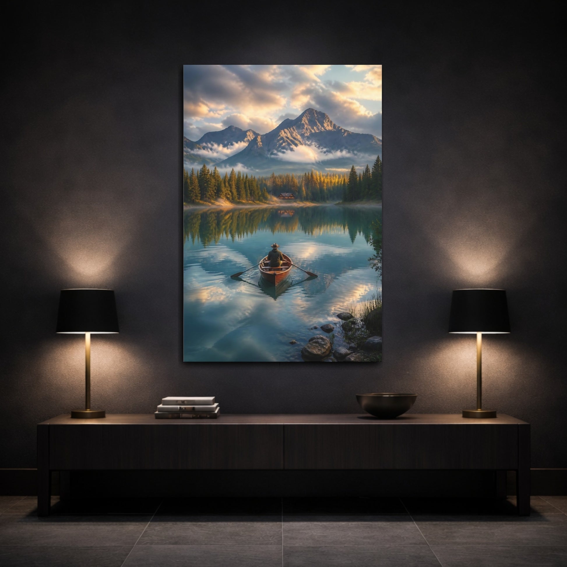Nature Rowboat Mountain Lake View Canvas Wall Art Print - Living Room, Above Fireplace, Blue and Green shown as canvas wall art