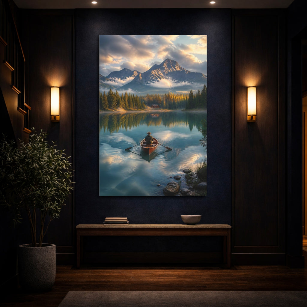 Mockup 4. Nature Rowboat Mountain Lake View shown as stretched canvas wall art