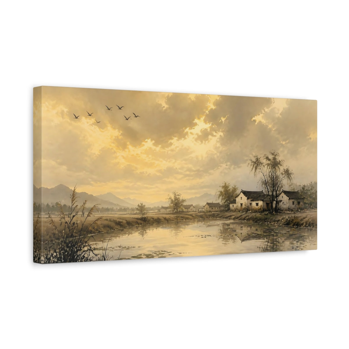 Side Mockup 3. Nature Rural Village Golden Landscape shown as stretched canvas wall art