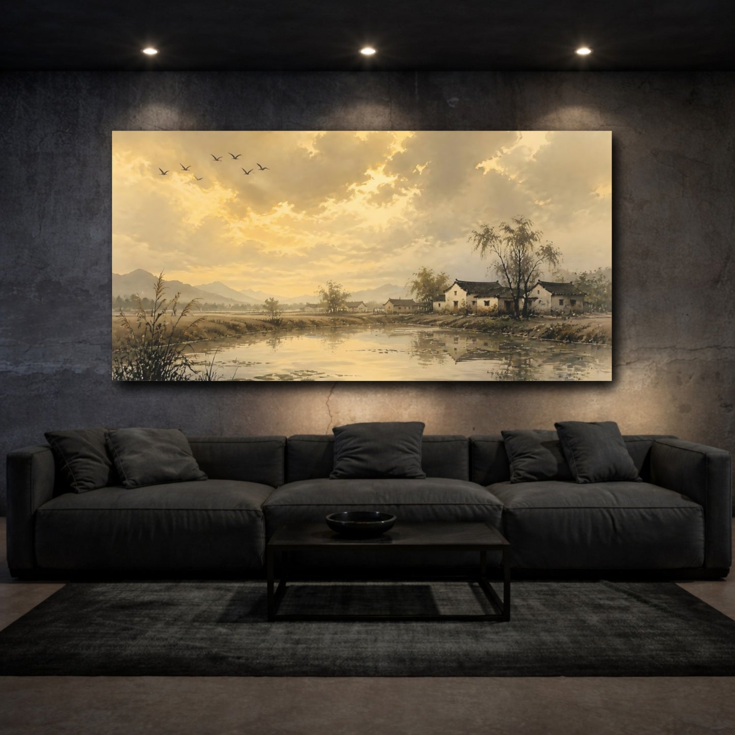 Mockup 3. Nature Rural Village Golden Landscape shown as stretched canvas wall art